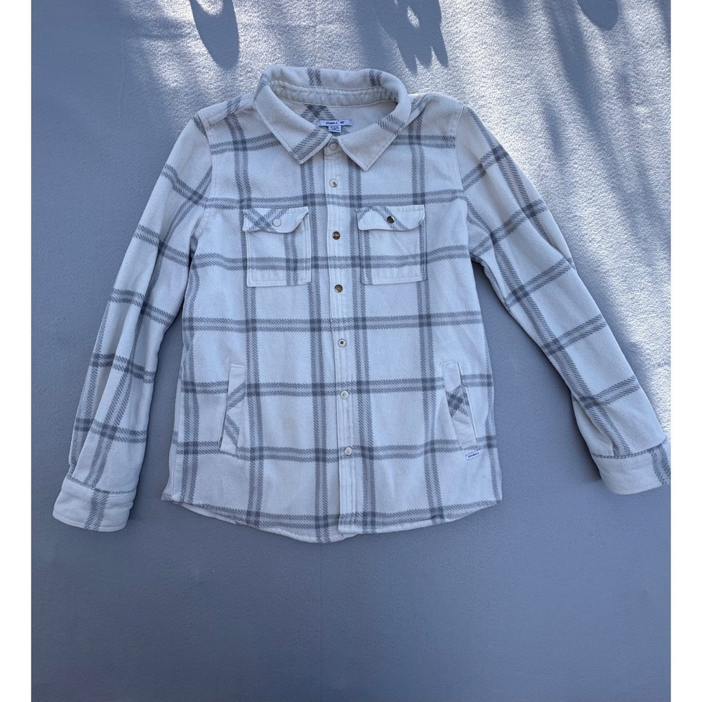 O'Neill Mens Cream Grey Plaid Fleece Shirt Jacket Shacket Size Medium - Picture 2 of 16
